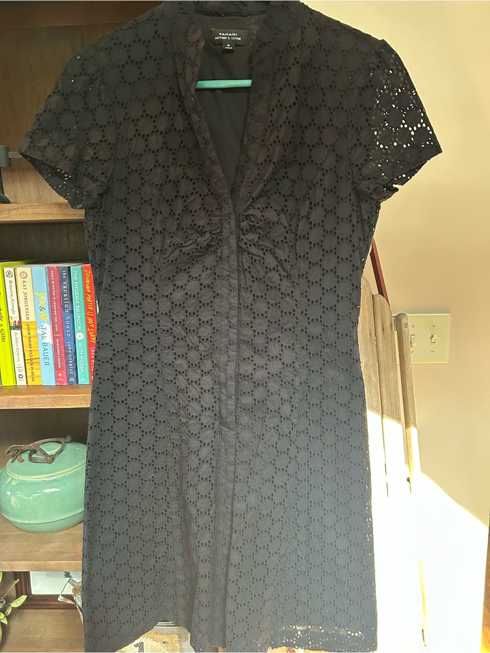 Tahari Black Eyelet V-Neck Short Sleeve Dress